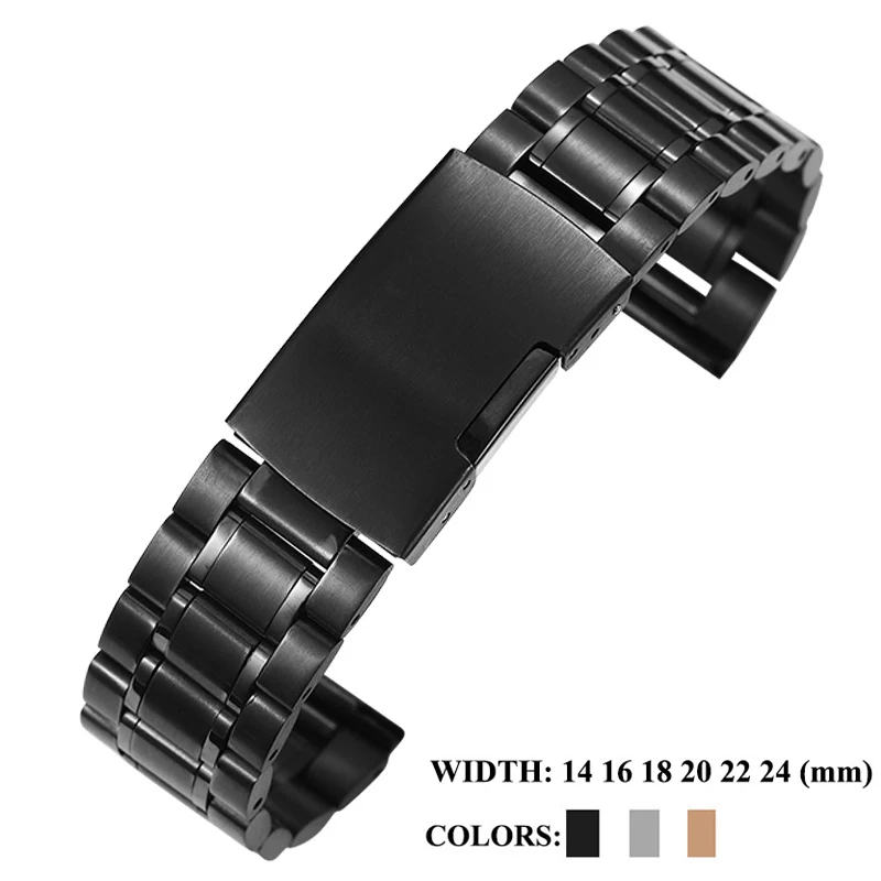 

Gold Watch Strap 14mm/16mm/18mm/20mm/22mm/24mm Stainless Steel Bracelet Clasp Bands Black Rose Golden Sliver Watch Accessories