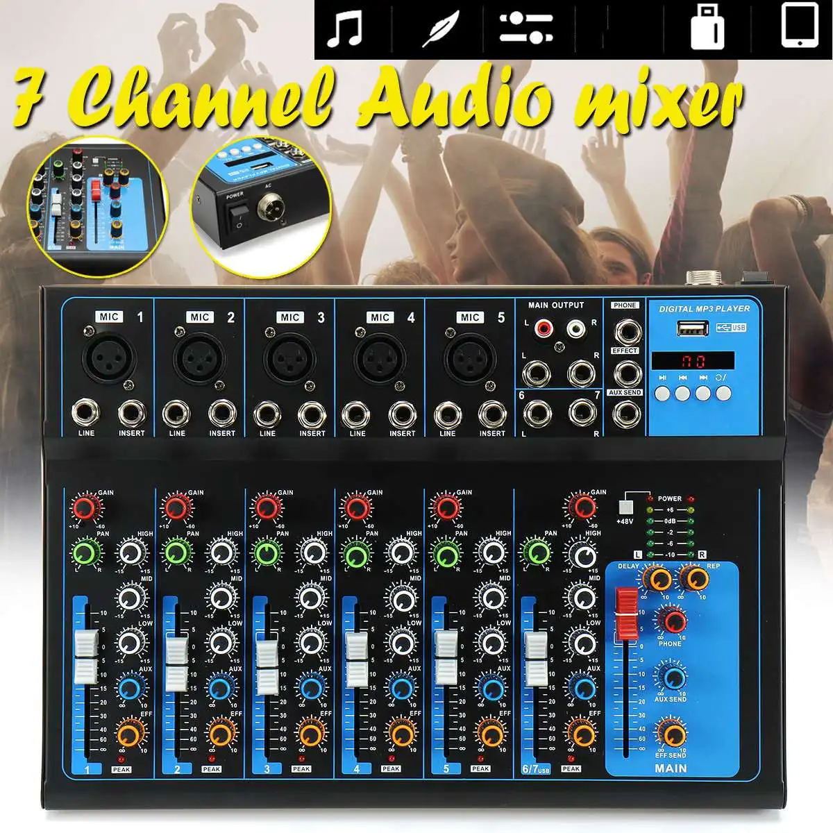 Wireless 7 Channel Audio Mixer Portable Sound Mixing Console USB Interface Computer Input 48V Phantom Power Monitor for Input
Wireless 7 Channel Audio Mixer Portable Sound Mixing Console USB Interface Computer Input 48V Phantom Power Monitor for Input