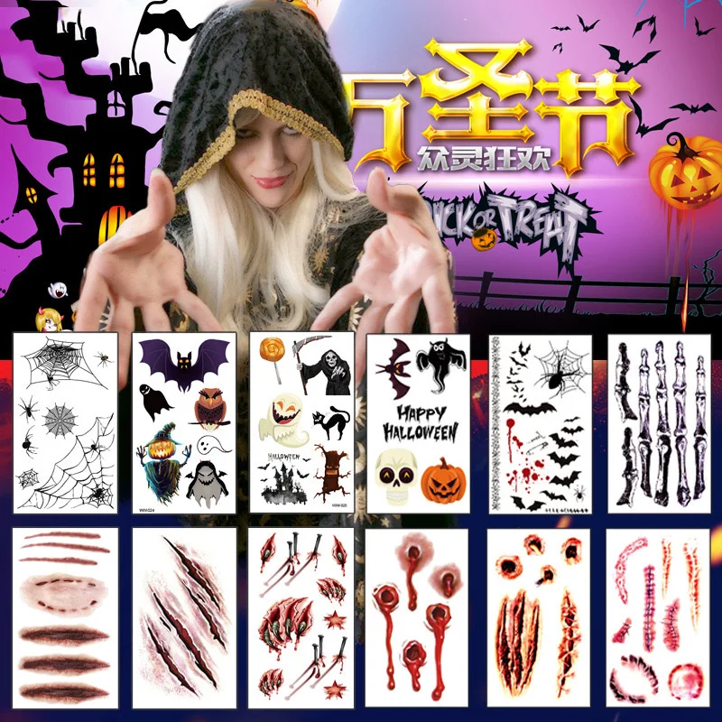 

Halloween Tattoo Sticker WW.011-020 Non-toxic Terror Realistic Stitched Injuries Wounds Makeup Temporary Tattoos Sticke