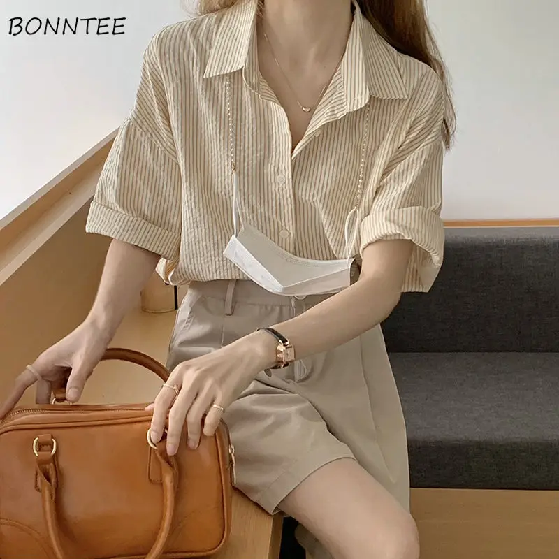 Shirts Women Striped Loose BF Turn Down Collar Office Lady Drop-shoulder Lazy Simple Korean Style All-match Casual Vintage Mujer
Shirts Women Striped Loose BF Turn Down Collar Office Lady Drop-shoulder Lazy Simple Korean Style All-match Casual Vintage Mujer