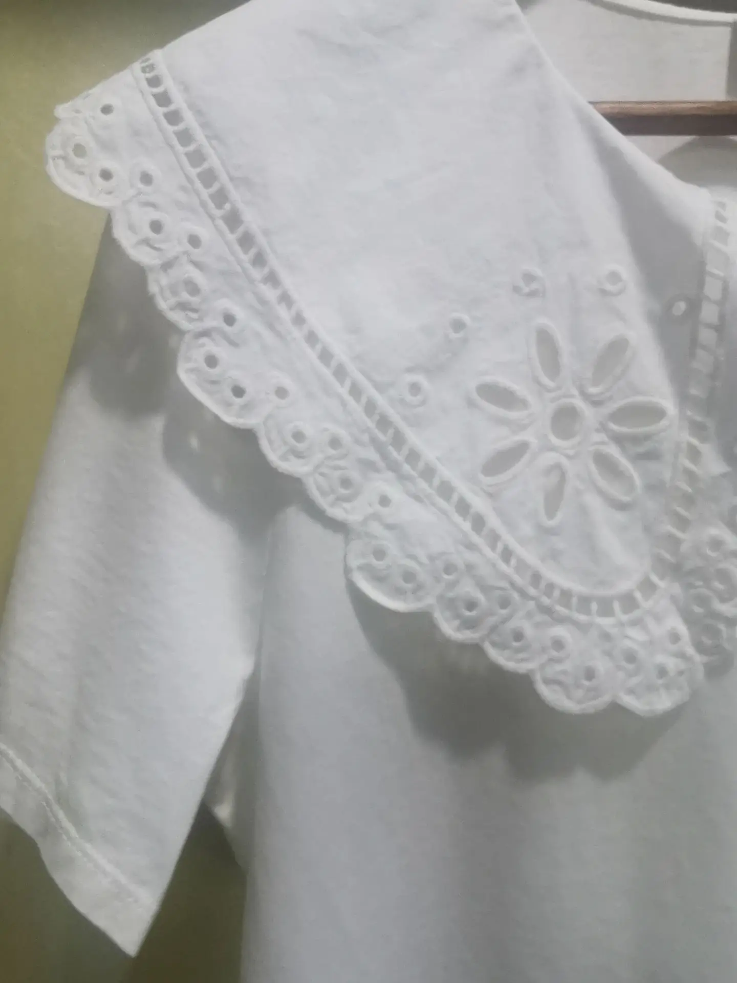 Female White Short Sleeve Tee Women Embroidery T-shirt Hollow Out Peter Pan Collar T-shirt
Female White Short Sleeve Tee Women Embroidery T-shirt Hollow Out Peter Pan Collar T-shirt