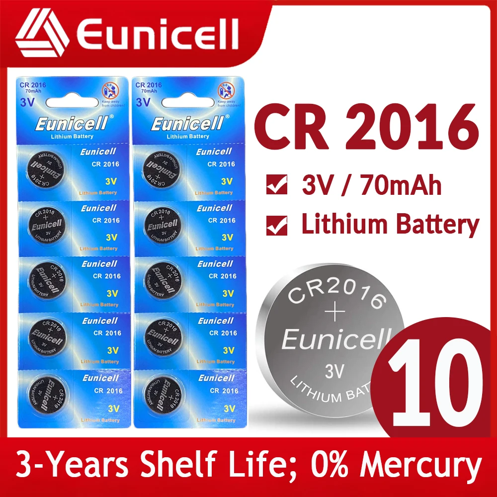 

Eunicell 10PCS 70mAh CR2016 Coin Cells Batteries CR 2016 DL2016 BR2016 LM2016 ECR2016 3V Lithium Battery For Watch Remote Key