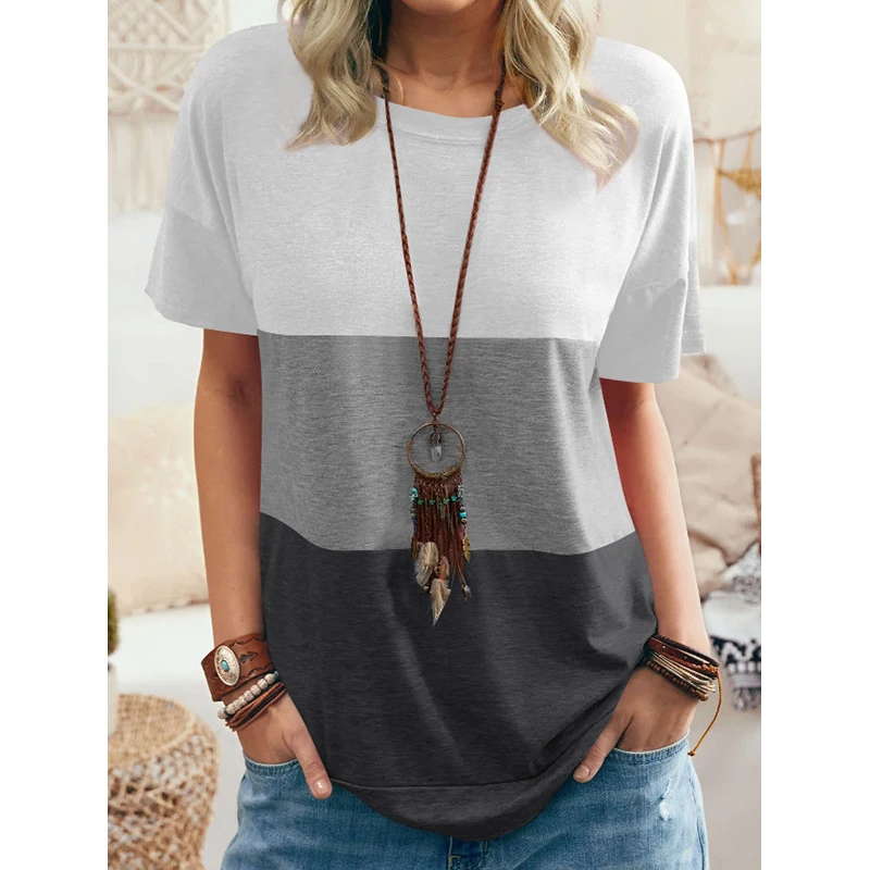 Women's Summer Tshirt Fashion Color Matching Elegant Round Neck Loose Pullover Short Sleeved Casual Ladies Plus Size Tops
Women's Summer Tshirt Fashion Color Matching Elegant Round Neck Loose Pullover Short Sleeved Casual Ladies Plus Size Tops