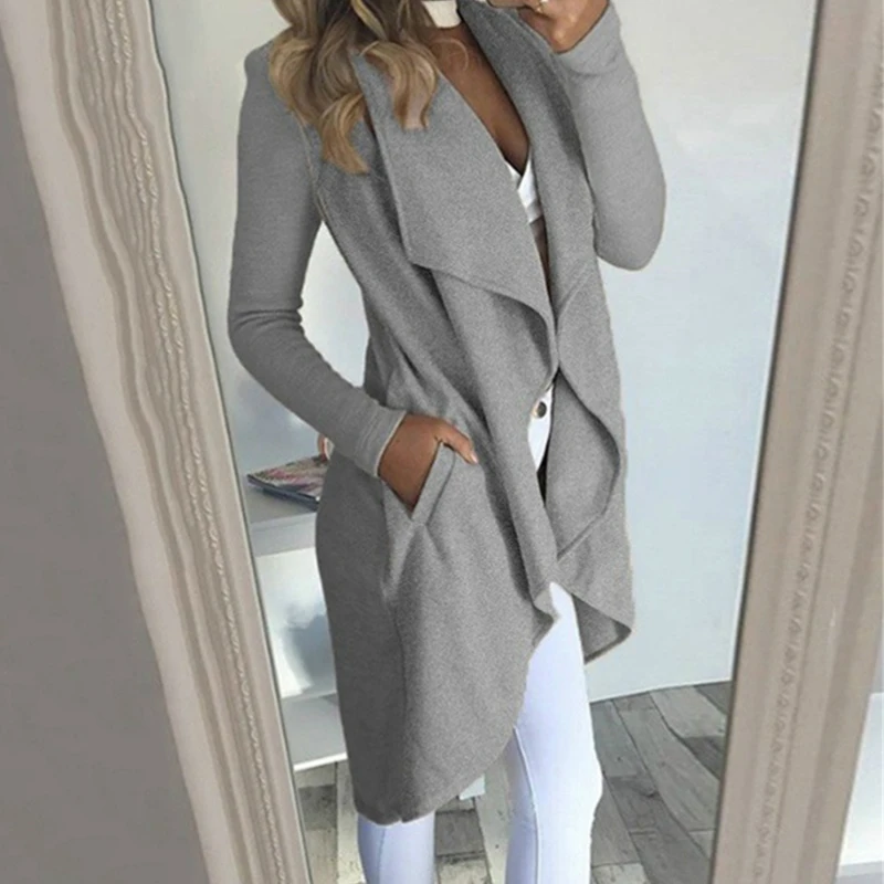 Autumn Fashion Women Solid Long Sleeve Turn-down Collar Open Stitch Asymmetric Length Trench Coat
Autumn Fashion Women Solid Long Sleeve Turn-down Collar Open Stitch Asymmetric Length Trench Coat