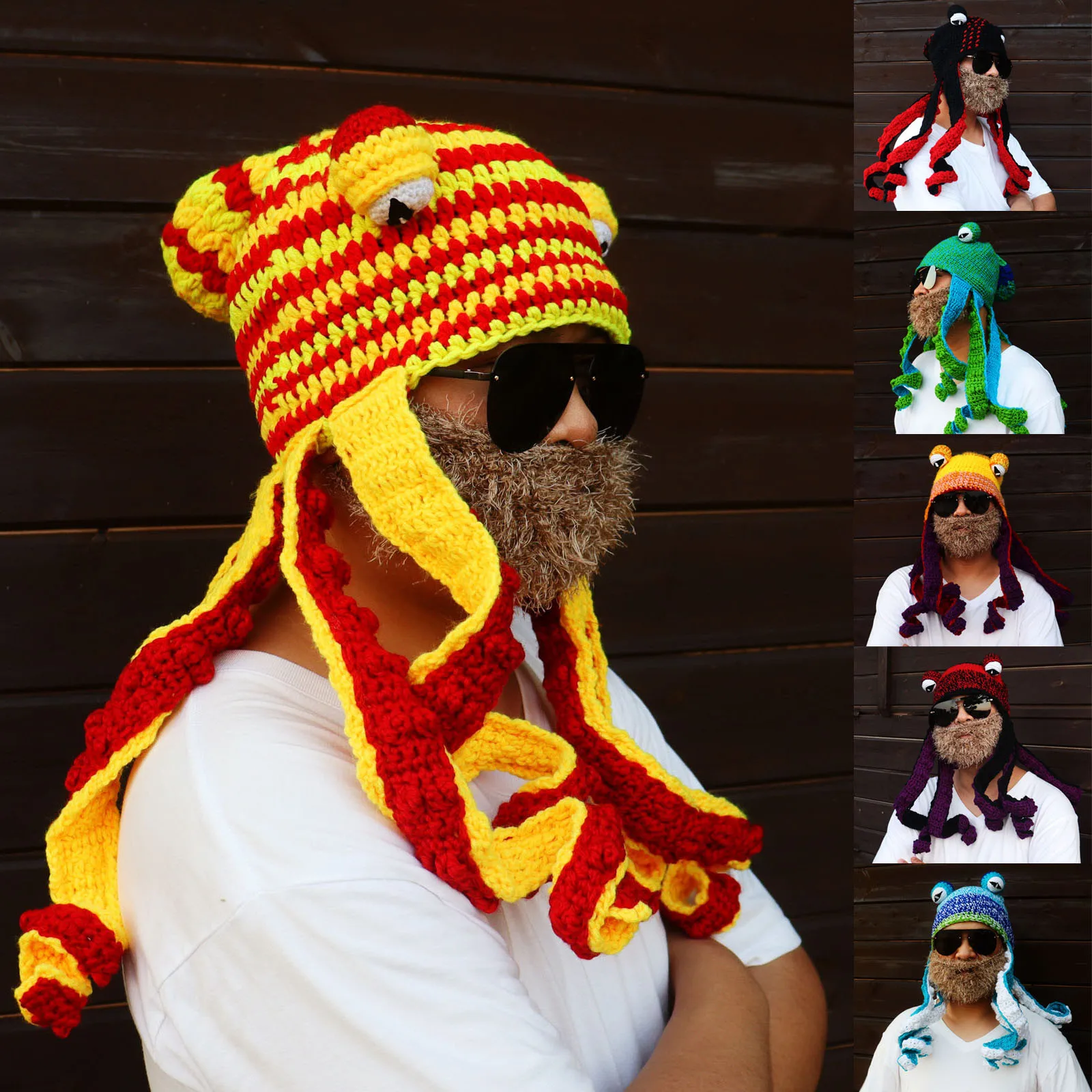 

Octopus Beard Hand Weave Knit Wool Hats Men Christmas Cosplay Party Funny Tricky Headgear Winter Warm Couples Hat Beanies Caps