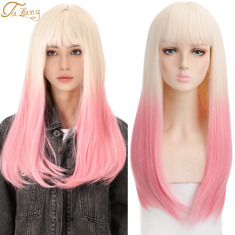 

TALANG Ombre Pink Color Lolita Long StraightWigs With Bangs Cute Girl Daily Party Cosplay Wig Heat Resistant Fiber Synthetic