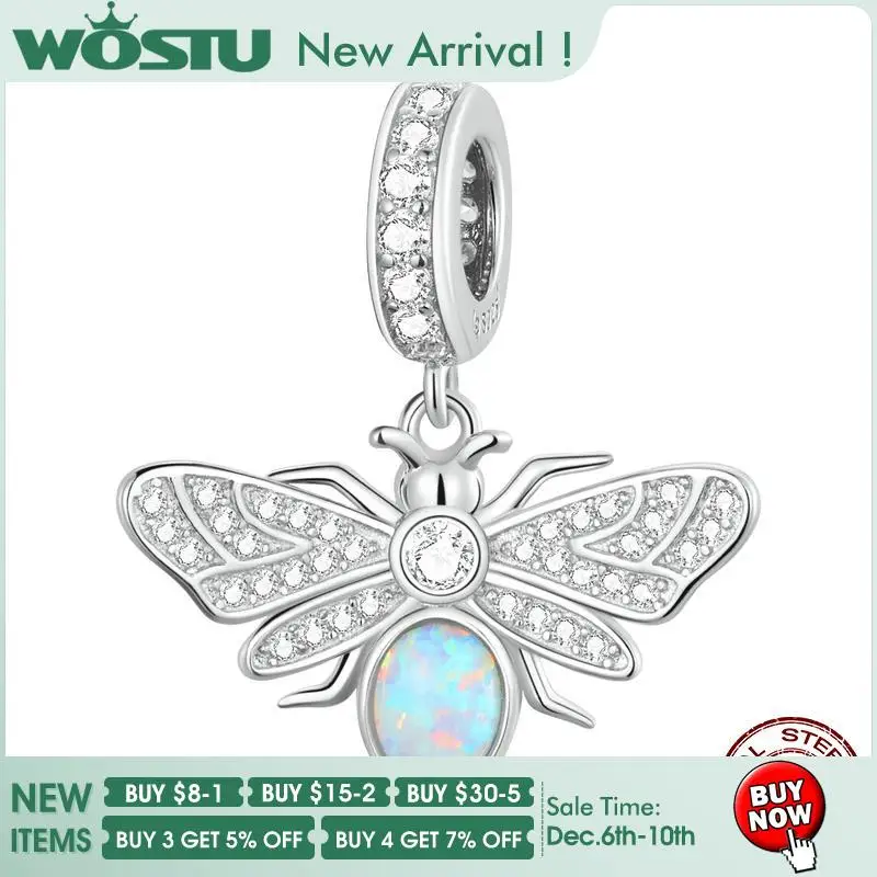 

WOSTU 925 Sterling Silver Firefly Opal Dangle Charm Pendant Beads fit Original Charms Bracelet DIY Necklace Women Jewelry Gift