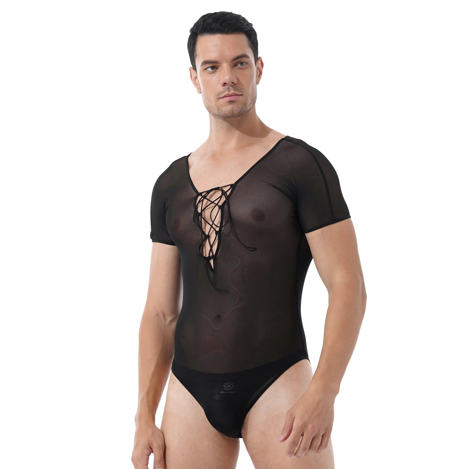 

Men See-through Mesh Leotard Bodysuit Crisscross Lace-up Cutout Teddies Short Sleeve Sheer Catsuit Jumpsuit Sissy Clubwear