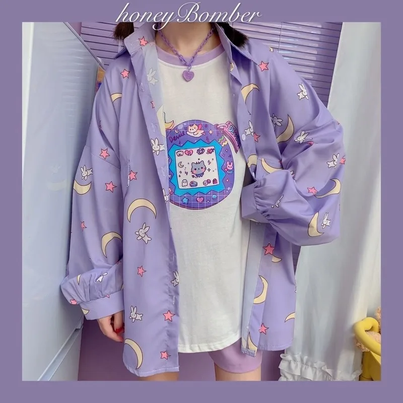 HOUZHOU Korean Style Women Shirts Kawaii Harajuku Purple Blouse Women Long Sleeve Cute Moon Print Button Up Shirt Oversized Tops
HOUZHOU Korean Style Women Shirts Kawaii Harajuku Purple Blouse Women Long Sleeve Cute Moon Print Button Up Shirt Oversized Tops