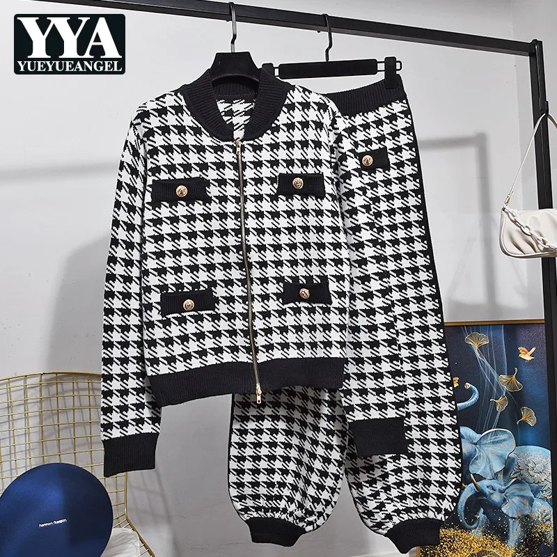 Autumn Winter Women Tweed Bloomers Suits Stand Collar Zipper Cardigan Elasticity Houndstooth Knitting Two Piece Sets Casual
Autumn Winter Women Tweed Bloomers Suits Stand Collar Zipper Cardigan Elasticity Houndstooth Knitting Two Piece Sets Casual