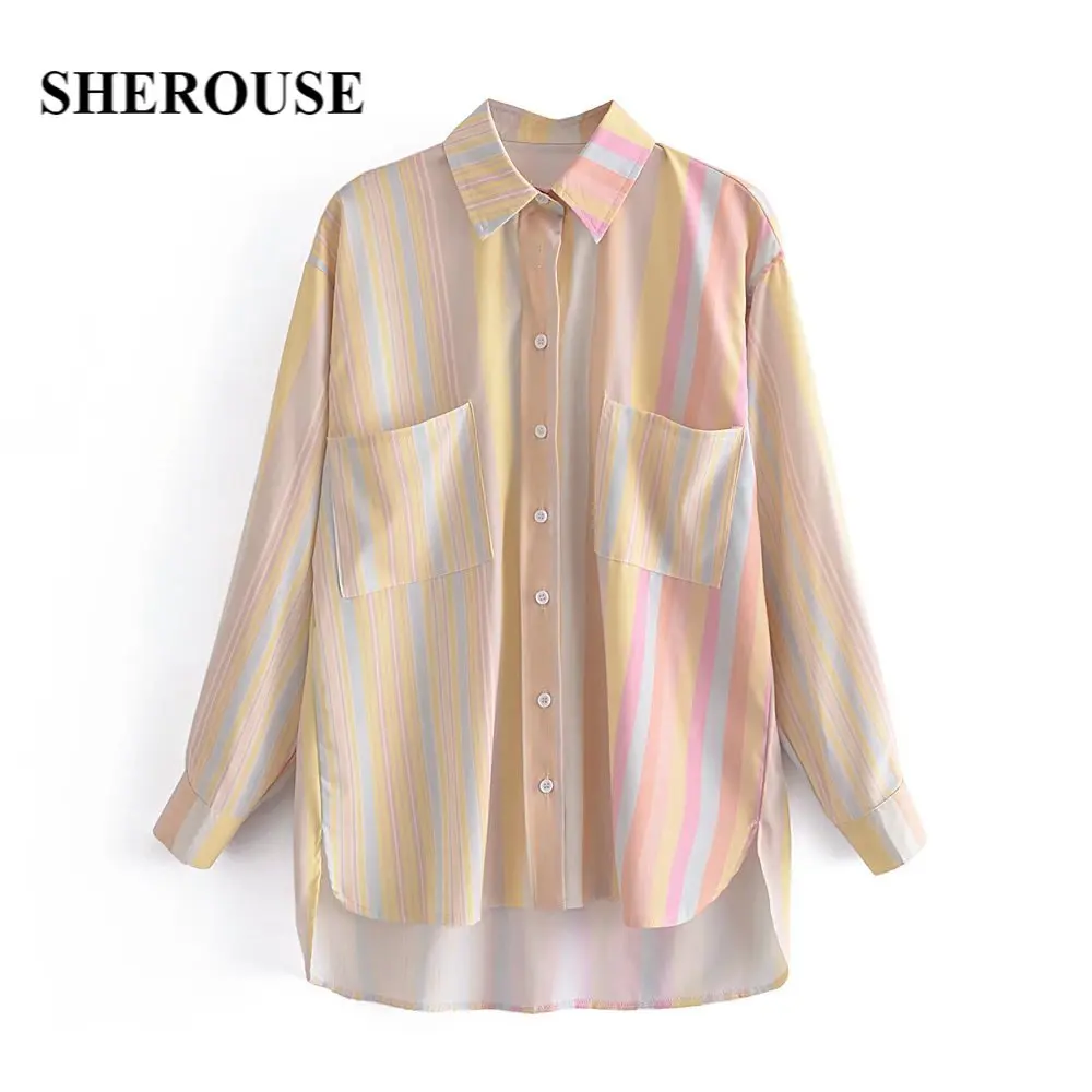 SHEROUSE Women Fashion With Pockets Single Breasted Striped Shirts Vintage Lapel Neck Long Sleeves Female Blouse Chic Tops
SHEROUSE Women Fashion With Pockets Single Breasted Striped Shirts Vintage Lapel Neck Long Sleeves Female Blouse Chic Tops