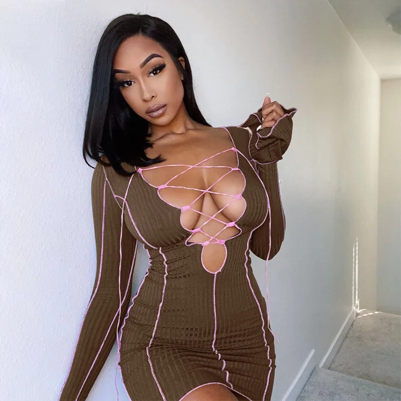 2021 Lace Up Deep V Neck Ribbed Long Sleeve Bodycon Dresses Women Patchwork Hot Club Partywear Sexy Fashion Mini Dress Fall
2021 Lace Up Deep V Neck Ribbed Long Sleeve Bodycon Dresses Women Patchwork Hot Club Partywear Sexy Fashion Mini Dress Fall