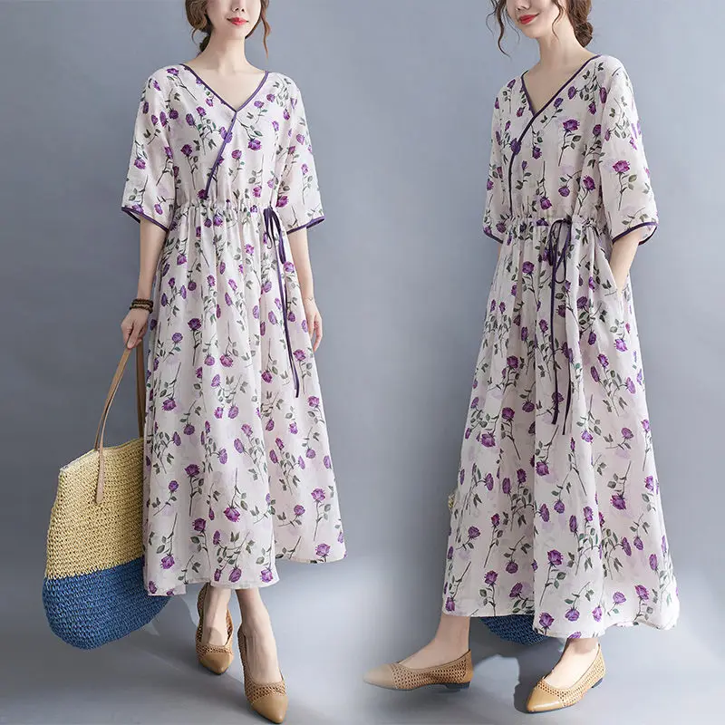 2021 Summer New Product Purple Rose Ribbon Robe Female Art V-Neck Printed Dress Slim Retro Casual Loose Women Vestidos M211
2021 Summer New Product Purple Rose Ribbon Robe Female Art V-Neck Printed Dress Slim Retro Casual Loose Women Vestidos M211