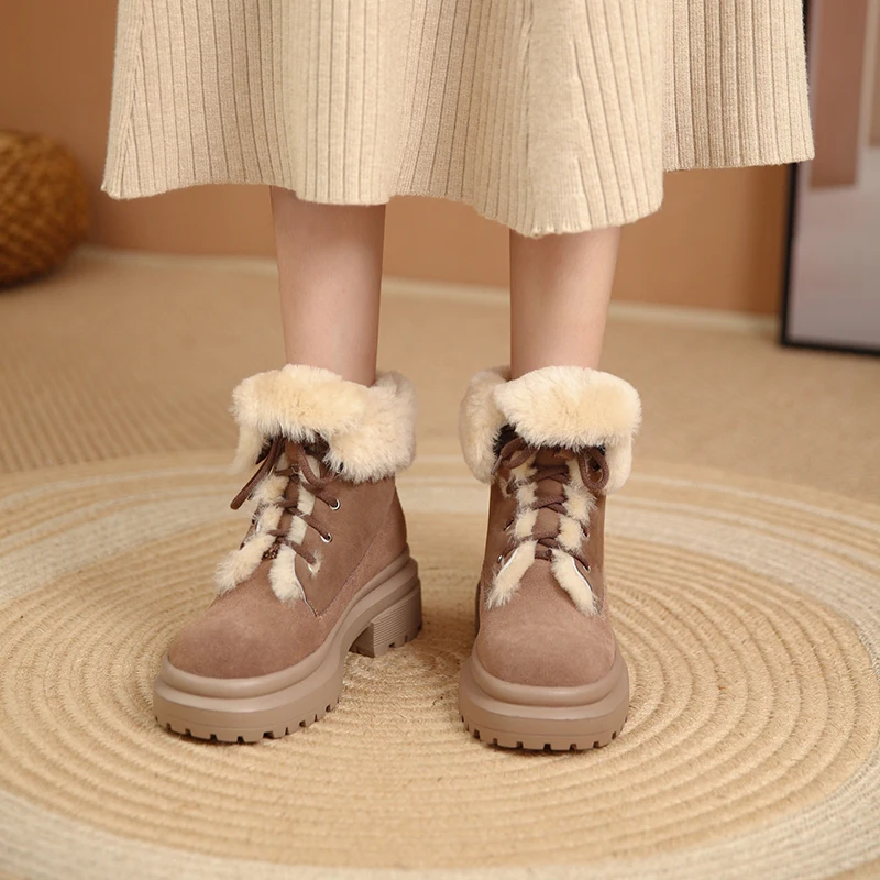 

MEZEREON Snow Boots Cow Leather Women Winter Shoes Warm Inside Platform Boots With Cross-Tied Med Heel Botines Botas Feminino