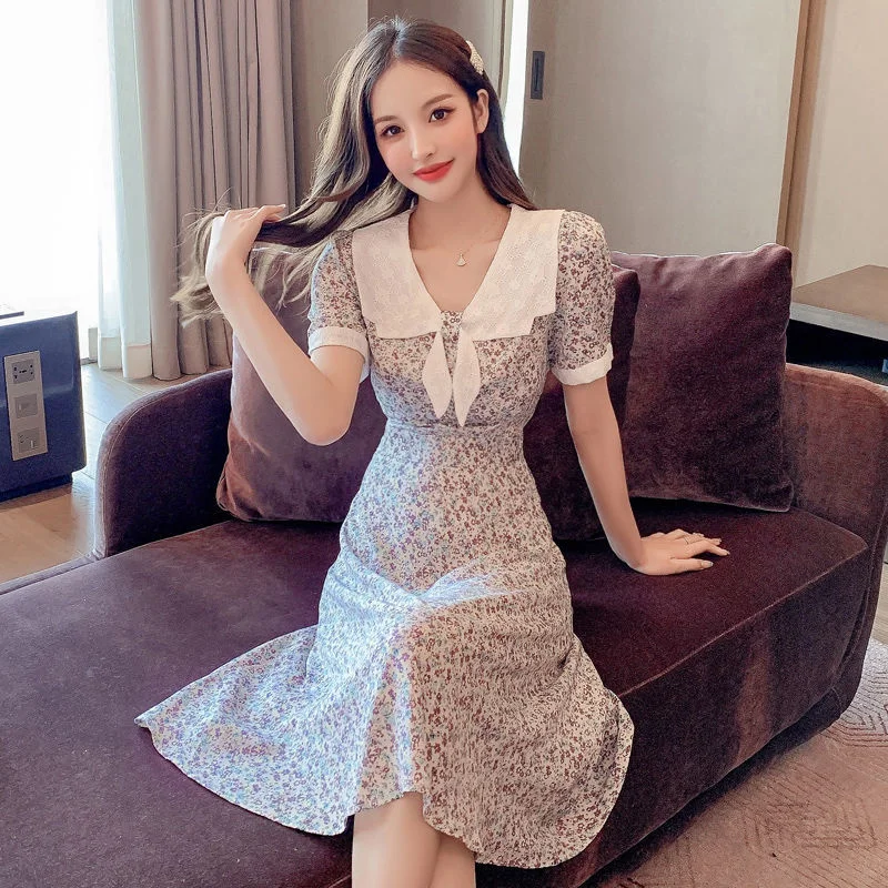 Short Sleeve Dress Women Peter Pan Collar Knee-length Print Stylish Elegant Temperament High Waist French Ladies Vestidos Gentle
Short Sleeve Dress Women Peter Pan Collar Knee-length Print Stylish Elegant Temperament High Waist French Ladies Vestidos Gentle
