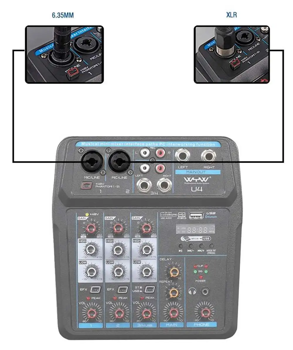 Live Recording Music DJ Audio Mixer Sound Mixing Console Musical Mini Mixer 4 Channel USB Efferts Audio Mixer Console With BT
Live Recording Music DJ Audio Mixer Sound Mixing Console Musical Mini Mixer 4 Channel USB Efferts Audio Mixer Console With BT