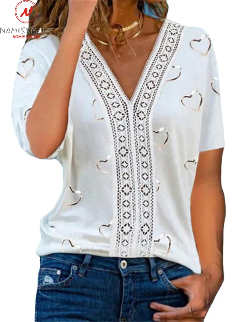 Fashion Women Summer Heart Print T-Shirts Patchwork Design Lace Decor See Through V-Neck Short Sleeve Casual Pullovers Top
Fashion Women Summer Heart Print T-Shirts Patchwork Design Lace Decor See Through V-Neck Short Sleeve Casual Pullovers Top
