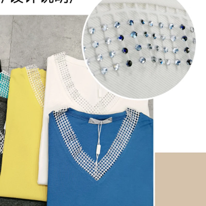 LJSXLS 2021The New Diamonds V-neck Short Sleeve T-Shirt Woman Korean Version All-match Fashion Grid Woman Summer Tee shirt Femme
LJSXLS 2021The New Diamonds V-neck Short Sleeve T-Shirt Woman Korean Version All-match Fashion Grid Woman Summer Tee shirt Femme