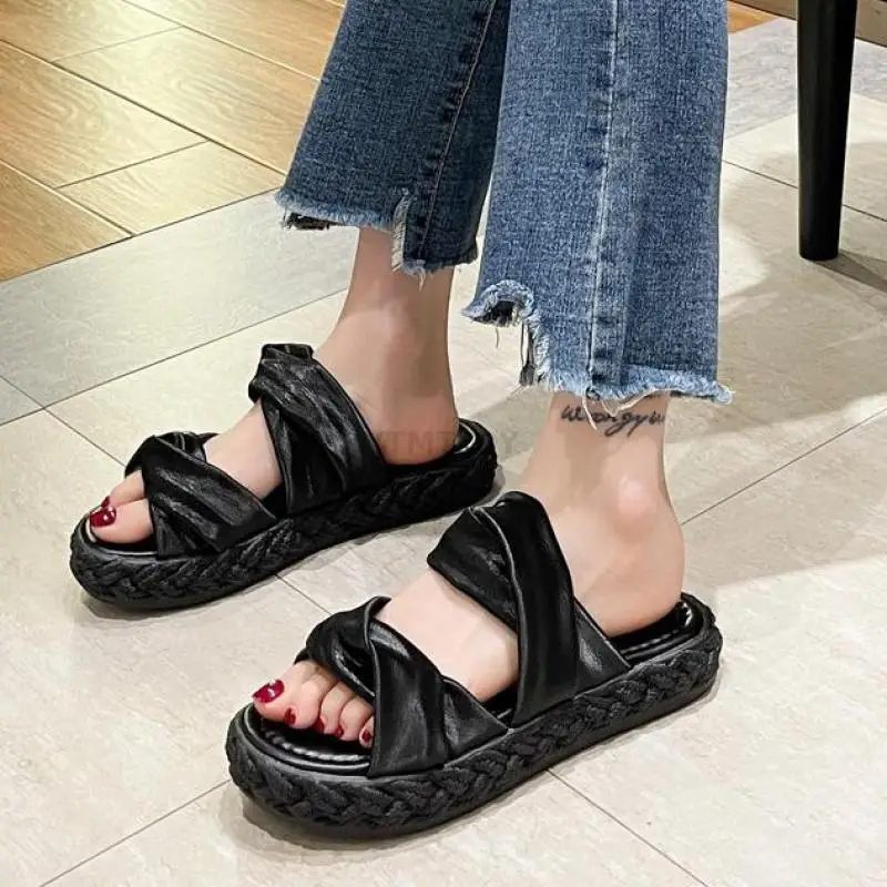 

Fashion Weaving Slippers Women Summer Open Toe Soft Thick Bottom Beach Slides Indoor Ytmtloy House Zapatillas Mujer Casa