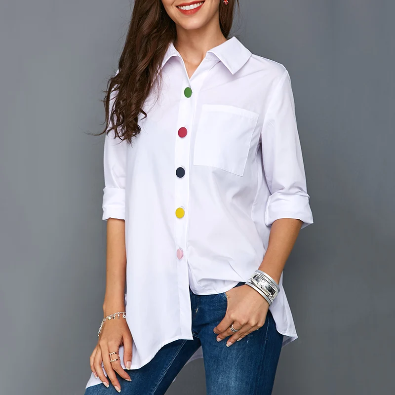 

Женская длинная рубашка с асимметричным подолом, белая рубашка с цветными пуговицами и длинным рукавом, модные офисные топы, весна-осень 2021