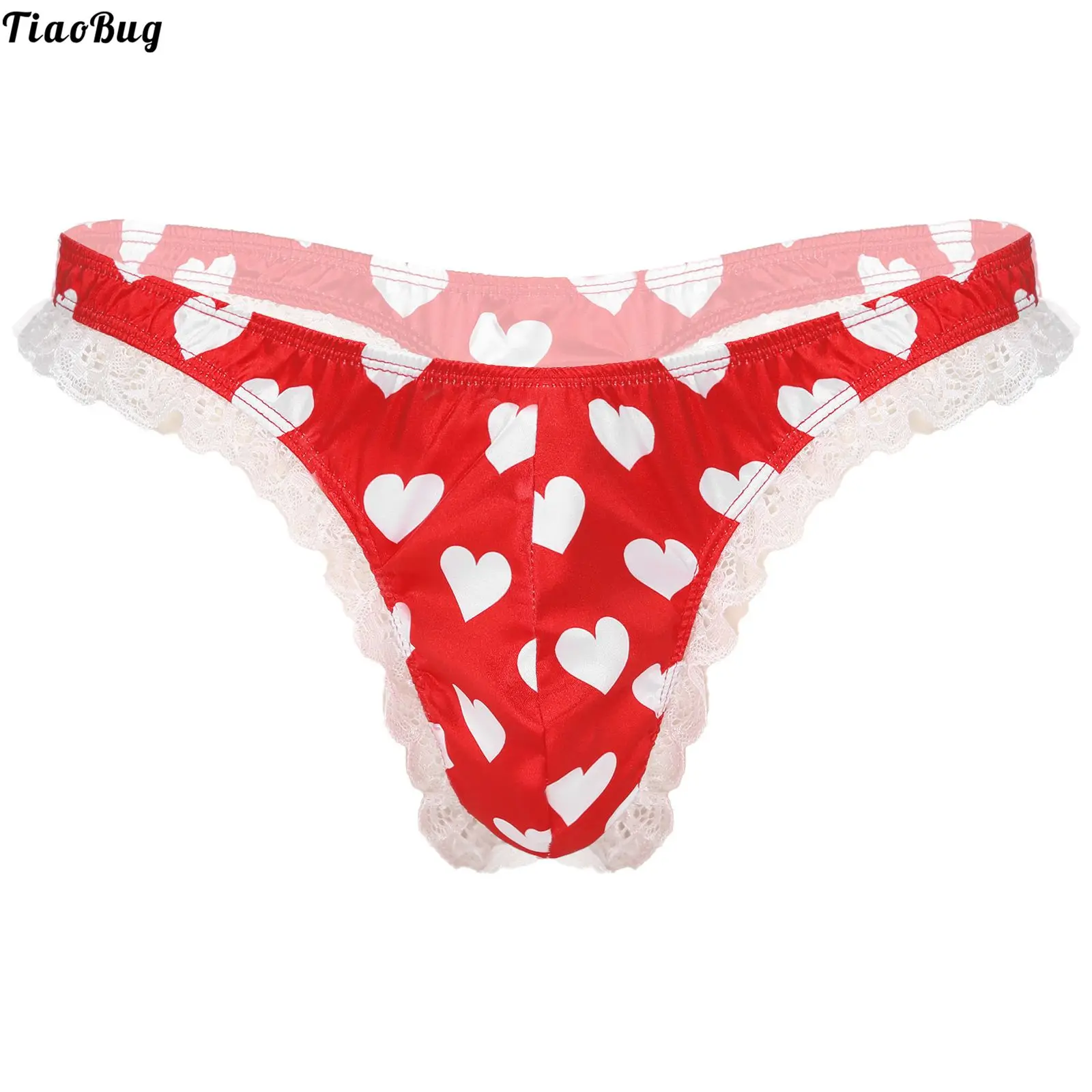 

TiaoBug Mens Sissy Gay Lingerie Shiny Low Rise High Cut Ruffle Lace Polka Dots Briefs G-String Thong Underwear Underpants Bikini