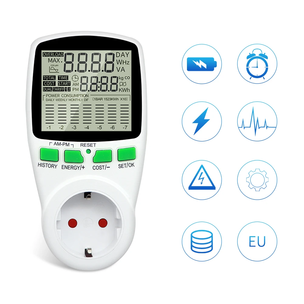 EU Plug Power Meter Digital Wattmeter Socket AC 220V Energy Meter LCD Disply Electricity Cost Diagram Measuring Socket Analyzer
EU Plug Power Meter Digital Wattmeter Socket AC 220V Energy Meter LCD Disply Electricity Cost Diagram Measuring Socket Analyzer