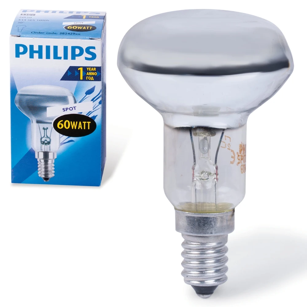 Лампа накаливания PHILIPS Spot R50 E14 30D зеркальная колба d = 50 мм цоколь угол 30° 60 Вт -