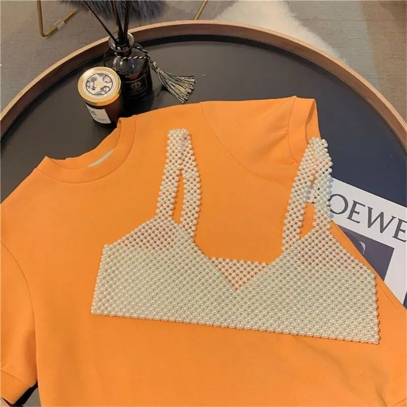 

2020 Elegant Women Crochet Pearls Tanks Bralette Bra Boho Beach Tank Crop Tops Classic Sleeveless V-Neck Bustier Pearls Vest