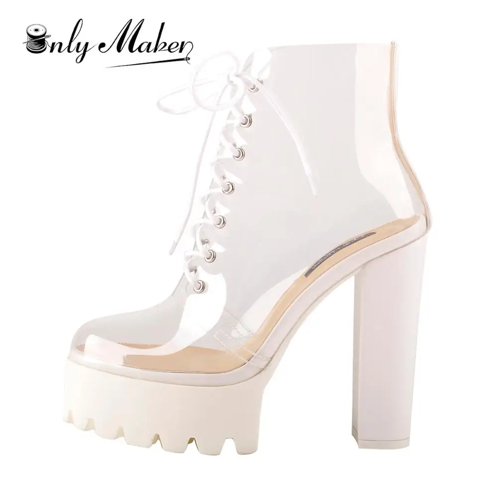 

Onlymaker Women's Platform Chunky Heel Ankle Bootie Round Toe Lace Up Comfortable Clear Ankle Boots White Big Size US15 EU46