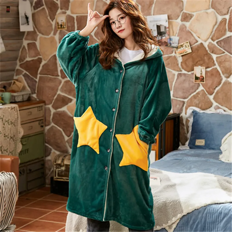 Women Winter Warmer Sleepwear Star Cute Thick Nightwear Robe Female Flannel Coral Fleece Nightgown
Women Winter Warmer Sleepwear Star Cute Thick Nightwear Robe Female Flannel Coral Fleece Nightgown