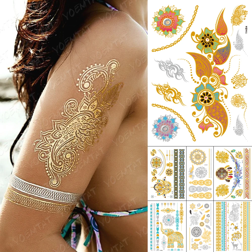 Waterproof Temporary Tattoo Sticker Lotus Mandala Gold Silver Metallic Flash Tatoo Boho Henna Flower Jewelry Glitter Body Art
Waterproof Temporary Tattoo Sticker Lotus Mandala Gold Silver Metallic Flash Tatoo Boho Henna Flower Jewelry Glitter Body Art
