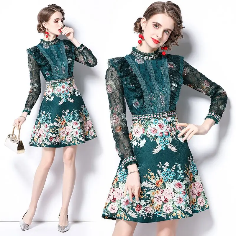 Women's Beading Stand Long Sleeve Lace Ruffles Floral Print Vintage Vestidos Fashion Runway Autumn Flower Jacquard Dress 9506
Women's Beading Stand Long Sleeve Lace Ruffles Floral Print Vintage Vestidos Fashion Runway Autumn Flower Jacquard Dress 9506
