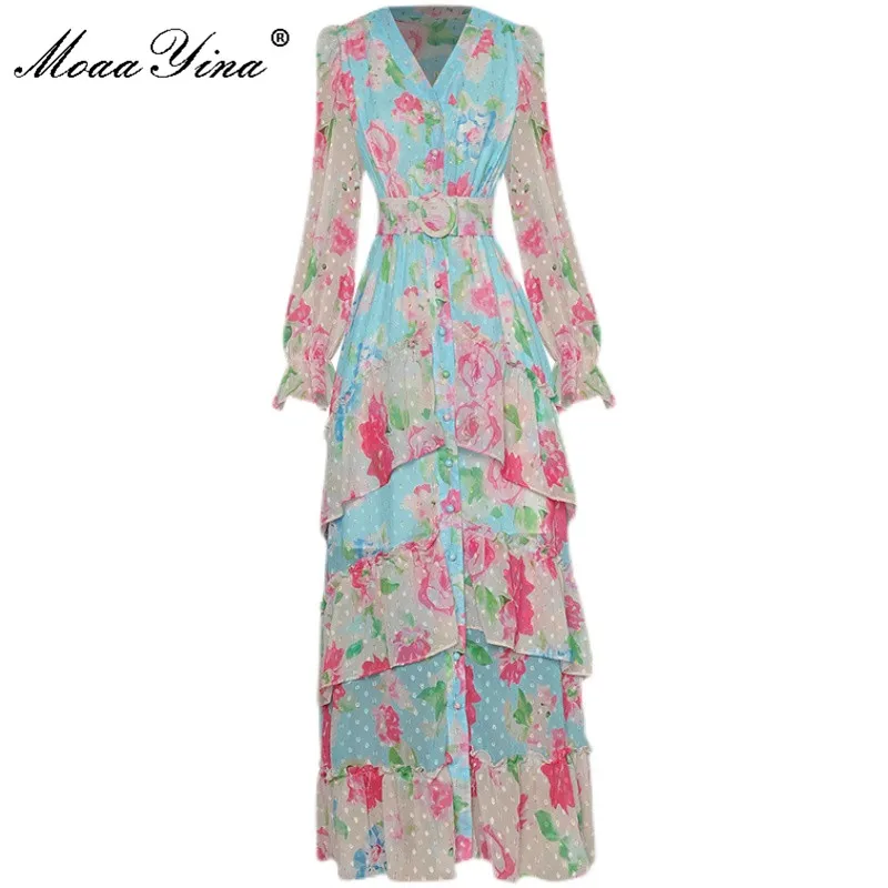 MoaaYina Designer Autumn Long Dress Women V-Neck Sashes Single Breasted Elegant Cascading Ruffle Floral print Holiday Maxi Dress
MoaaYina Designer Autumn Long Dress Women V-Neck Sashes Single Breasted Elegant Cascading Ruffle Floral print Holiday Maxi Dress