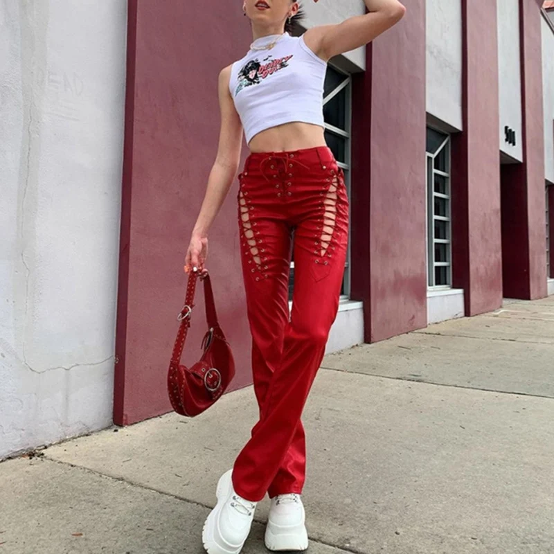 y2k Women Slim Fit Straight Pants Casual Trousers Fashion Solid Color Bandage Hollow High Waist Leather Pants
y2k Women Slim Fit Straight Pants Casual Trousers Fashion Solid Color Bandage Hollow High Waist Leather Pants