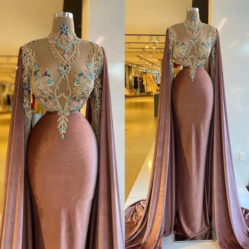 Modest High Neck Mermaid Prom Dress With Cape Long Sleeve Beaded Crystal Evening Gowns Robes De Soirée
Modest High Neck Mermaid Prom Dress With Cape Long Sleeve Beaded Crystal Evening Gowns Robes De Soirée