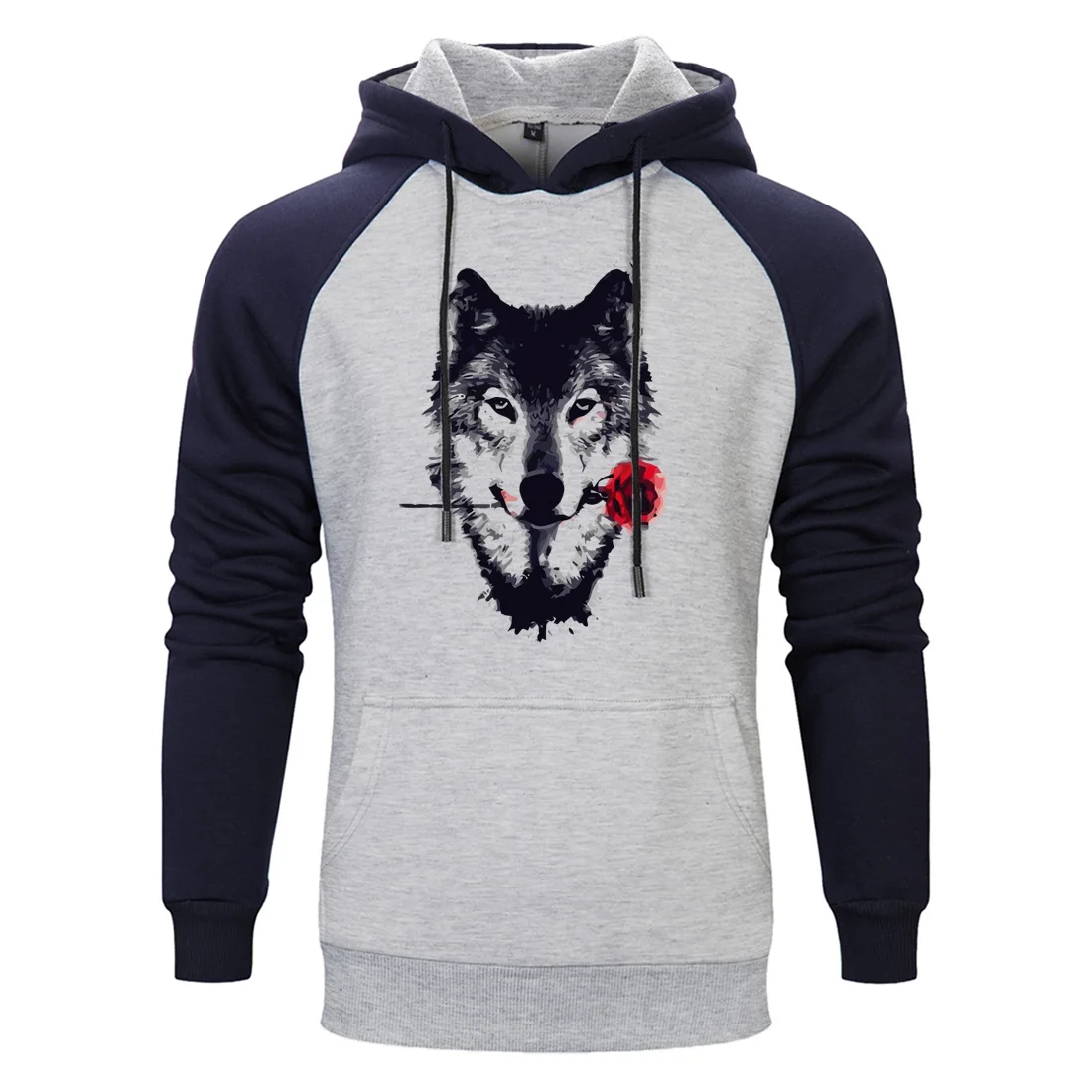 

Men Warm Clothings 2020 spring autumn Sweatshirts Funny Fahison Streetwear Raglan Wolf With Roses Hip Hop Vintage Printed Hoody