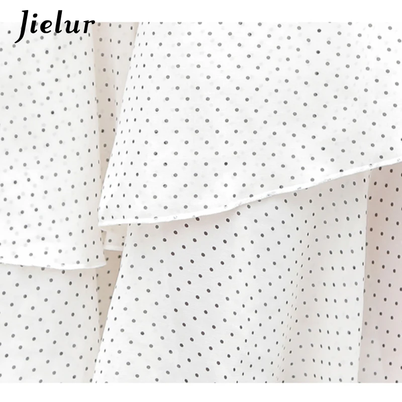 

Jielur Elegant Lady Polka Dot White Skirt Female Loose Chiffon Skirts Womens Fashion Ruffles Cake Mermaid Faldas Elastic Waist