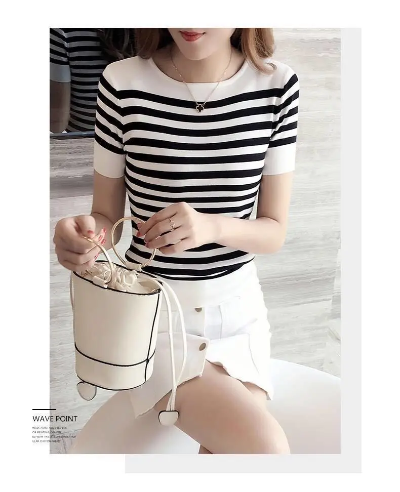 2021 Short-Sleeved T-Shirt Women's Summer New Women's Black And White Striped Sweater Women Ice Silk Top Bottoming Shirt Women
2021 Short-Sleeved T-Shirt Women's Summer New Women's Black And White Striped Sweater Women Ice Silk Top Bottoming Shirt Women