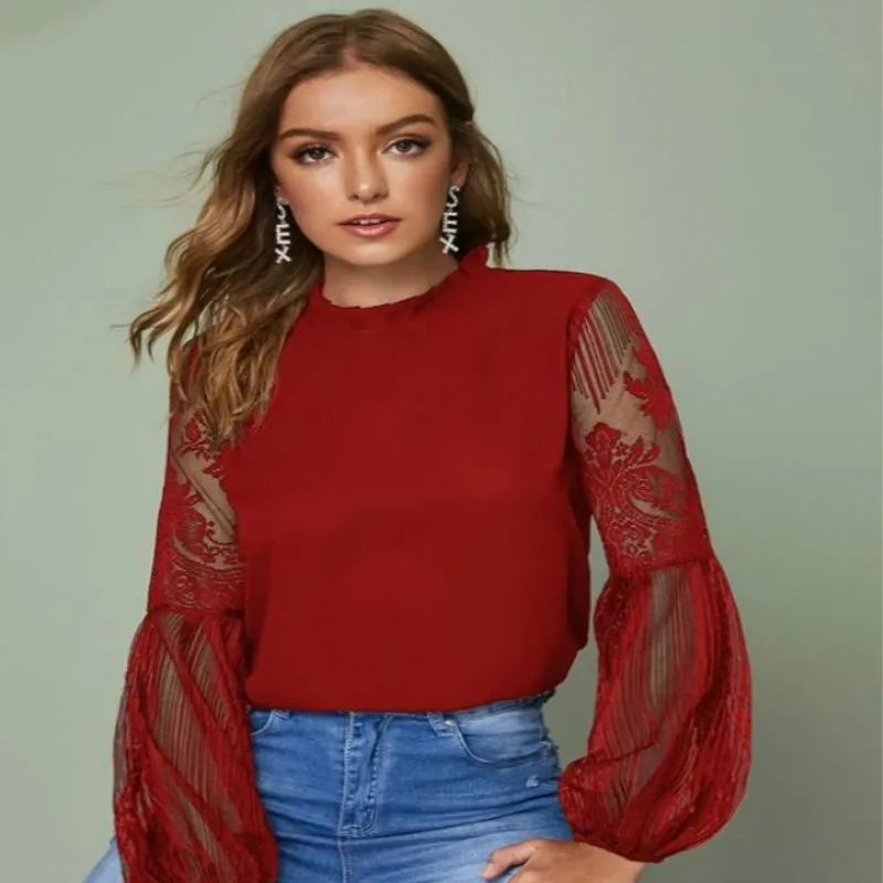 Blouses Women 2021 New Pleated Collar Perspective Tulle Lace Lantern Sleeve Temperament Blouse
Blouses Women 2021 New Pleated Collar Perspective Tulle Lace Lantern Sleeve Temperament Blouse