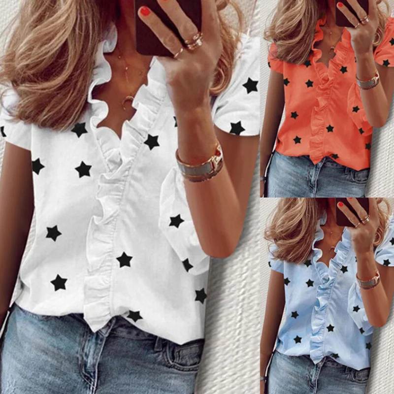 Women V Neck Ruffle Star Print Short Sleeve T-shirt Ladies Shirts Tops A66 
Women V Neck Ruffle Star Print Short Sleeve T-shirt Ladies Shirts Tops A66