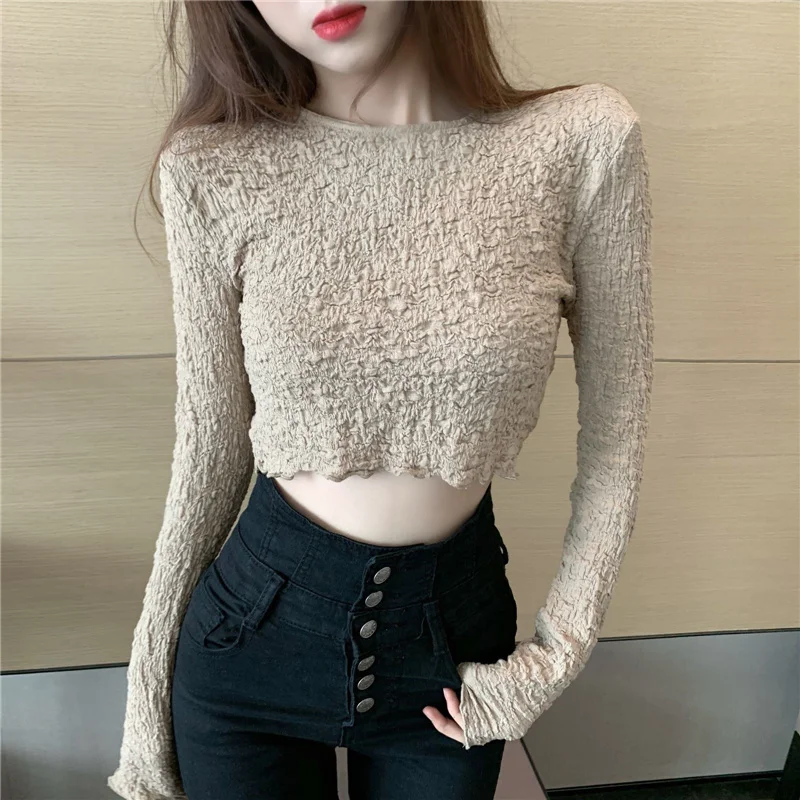 

Spring Women Plus Size Long Sleeve Slim Folds Pleated T-shirt Autumn Ladies Solid Crop Sexy Elastic O-neck Tees Fitted Casual