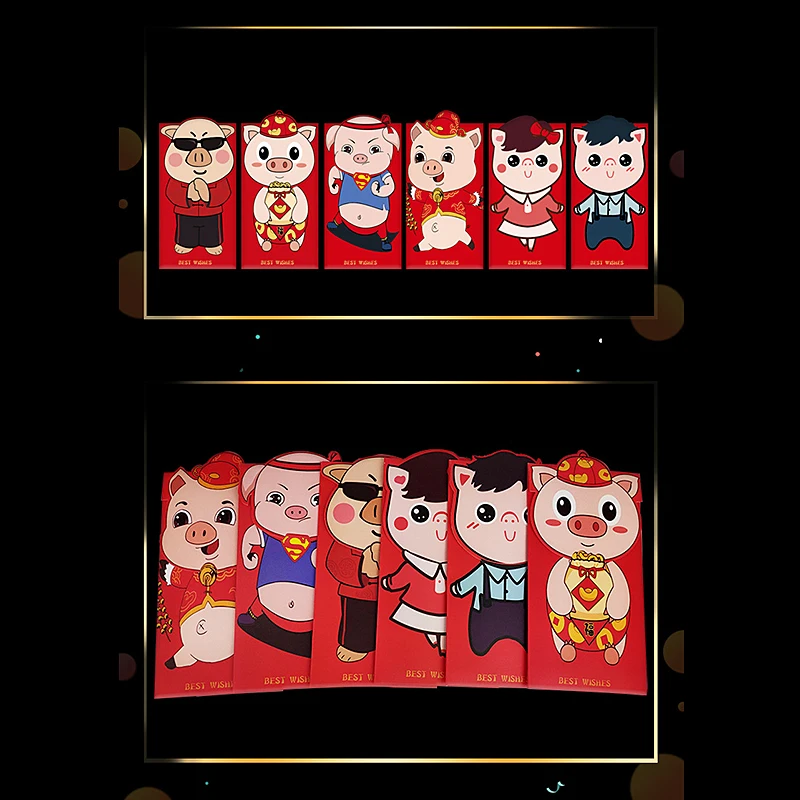 6Pcs Cartoon Pig Patterns New Year Red Envelope Lucky Money Chinese Style Paper Envelops Gift | Канцтовары для офиса и дома