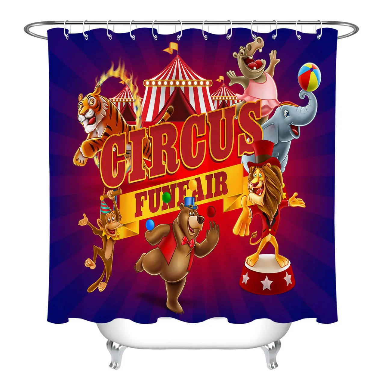 Цирковая занавеска для душа Funfair с животными, подкладка из полиэстера и крючки
Цирковая занавеска для душа Funfair с животными, подкладка из полиэстера и крючки
