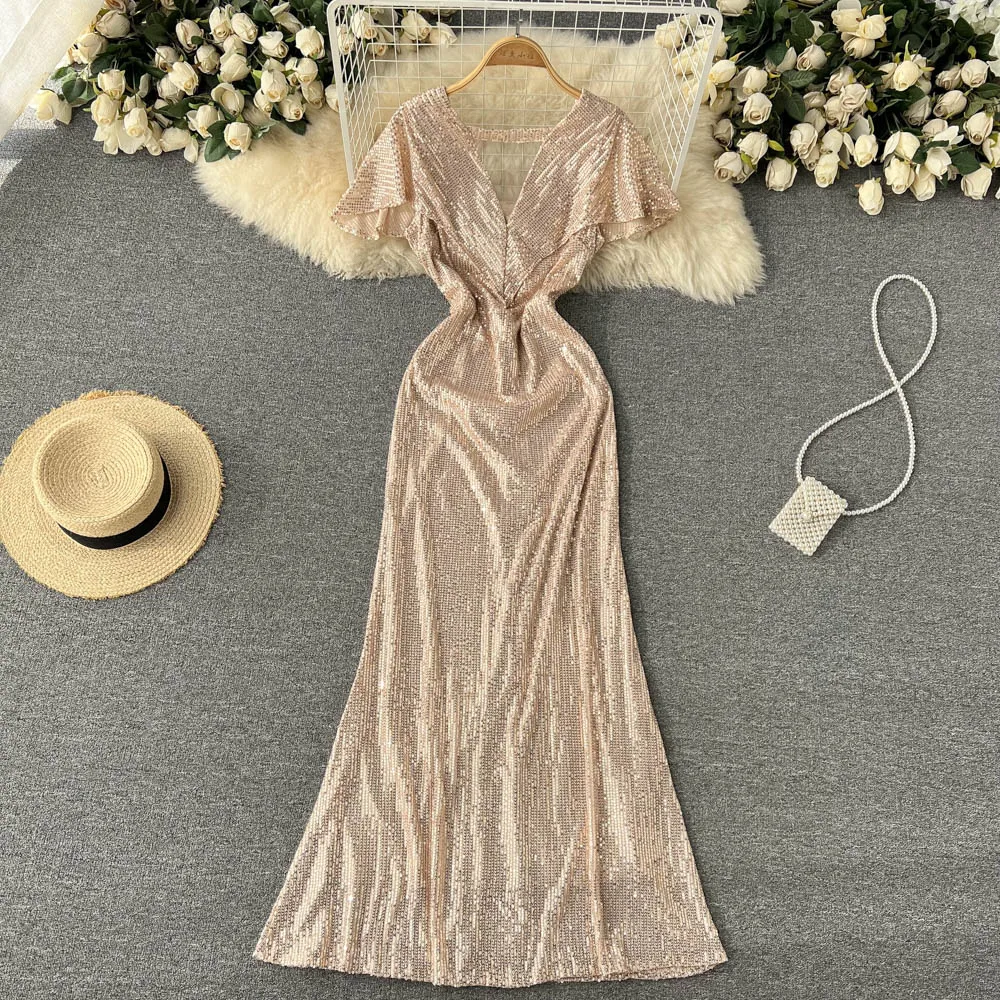 Khaki/Beige Sequins Party Long Dress Women Sexy V-Neck Short Sleeve High Waist Slim Bodycon Vestidos Female Runway Maxi Robe New
Khaki/Beige Sequins Party Long Dress Women Sexy V-Neck Short Sleeve High Waist Slim Bodycon Vestidos Female Runway Maxi Robe New