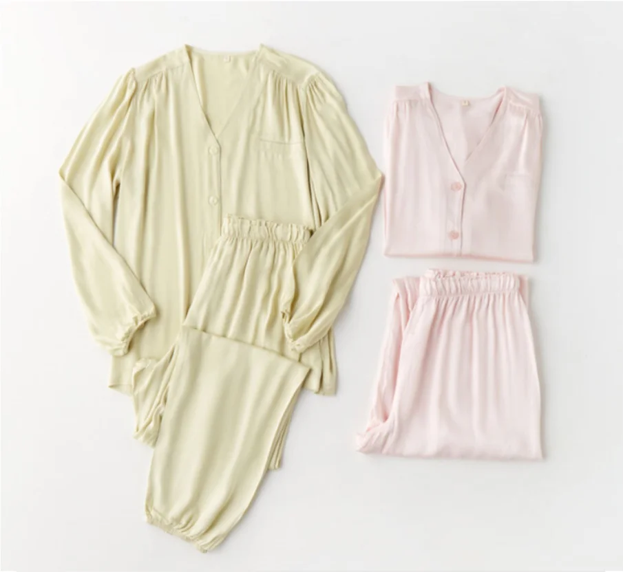 Autumn Cotton Viscose Pajamas Set Women V-neck Solid Color Suit Long-sleeved Trousers Home Sleepwear Traje Conjuntos Pyjamas
Autumn Cotton Viscose Pajamas Set Women V-neck Solid Color Suit Long-sleeved Trousers Home Sleepwear Traje Conjuntos Pyjamas