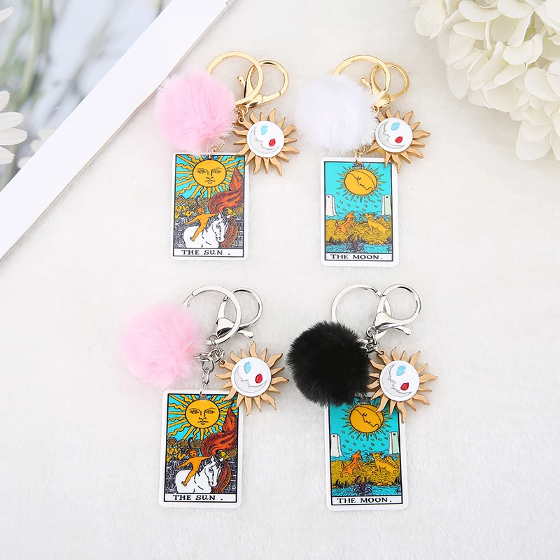 1PC Keyring Tarot Card Charms Sun And Moon Acrylic With Puffer Ball For Men Women Keychain Trinket Car Key Ring Jewelry
1PC Keyring Tarot Card Charms Sun And Moon Acrylic With Puffer Ball For Men Women Keychain Trinket Car Key Ring Jewelry
