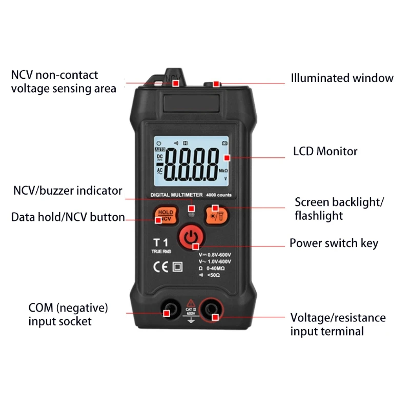 Autorange Digital LCD Multimeter NCV Detector with Backlit Testing AC DC Voltage Resistance with NCV Function & Backlit
Autorange Digital LCD Multimeter NCV Detector with Backlit Testing AC DC Voltage Resistance with NCV Function & Backlit