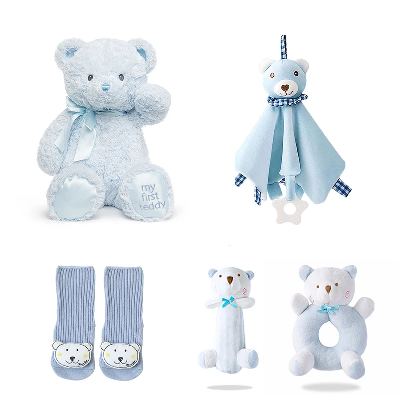 Cute Bear Stuffed Animal Toy Set Blue Bear Plush Toys Rattle Comfort Towel Snuggle Blankie and Sock Newborn Birth Gift Set
Cute Bear Stuffed Animal Toy Set Blue Bear Plush Toys Rattle Comfort Towel Snuggle Blankie and Sock Newborn Birth Gift Set