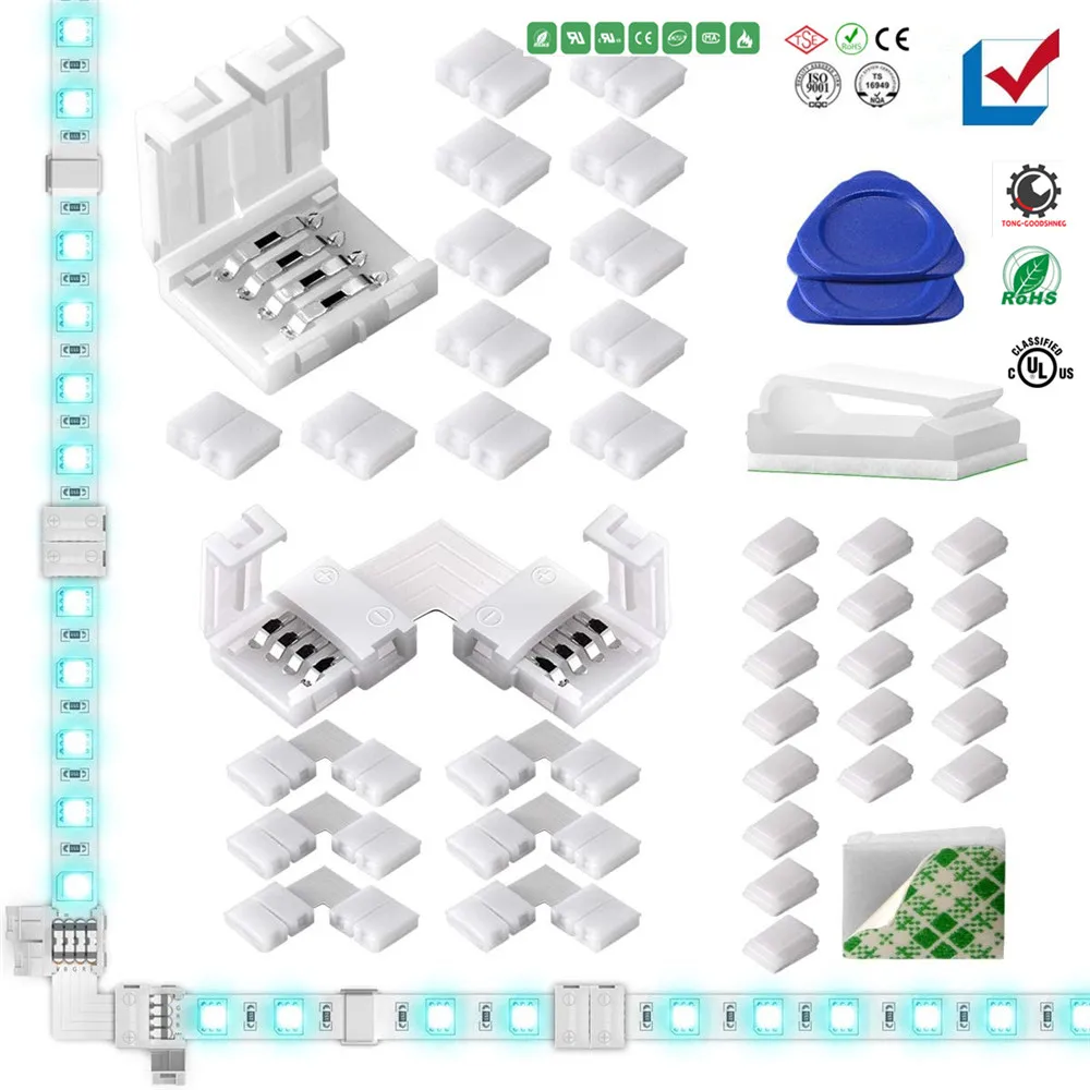 LED Light Strip Connectors 10mm Unwired 4 Pin RGB LED Lights Connectors kit,L Shape Connectors for SMD 5050 Multicolor LED Strip
LED Light Strip Connectors 10mm Unwired 4 Pin RGB LED Lights Connectors kit,L Shape Connectors for SMD 5050 Multicolor LED Strip