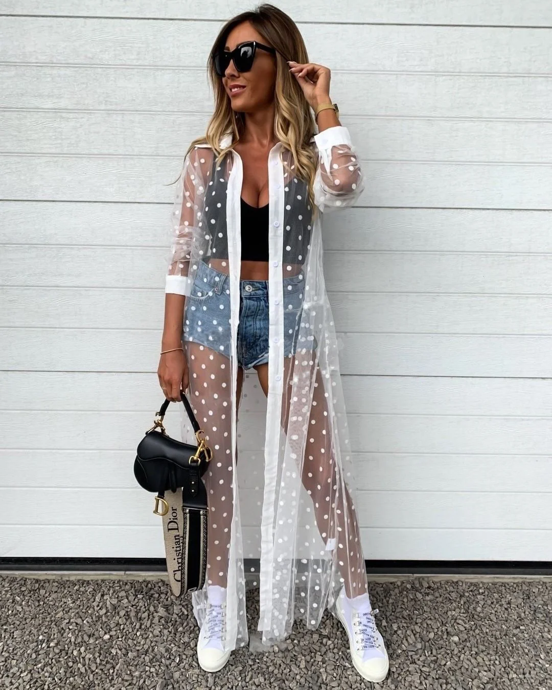 Woman's Polka Dot Beach Smock Sexy Lapel Long Sleeve Mesh Perspective Cover Up for Daily Life and Vacation
Woman's Polka Dot Beach Smock Sexy Lapel Long Sleeve Mesh Perspective Cover Up for Daily Life and Vacation